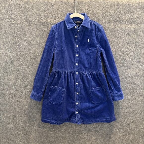 Polo Ralph Lauren Dress Girls Size 8 Blue Corduroy Long Sleeve Button Front NWT - Picture 1 of 11